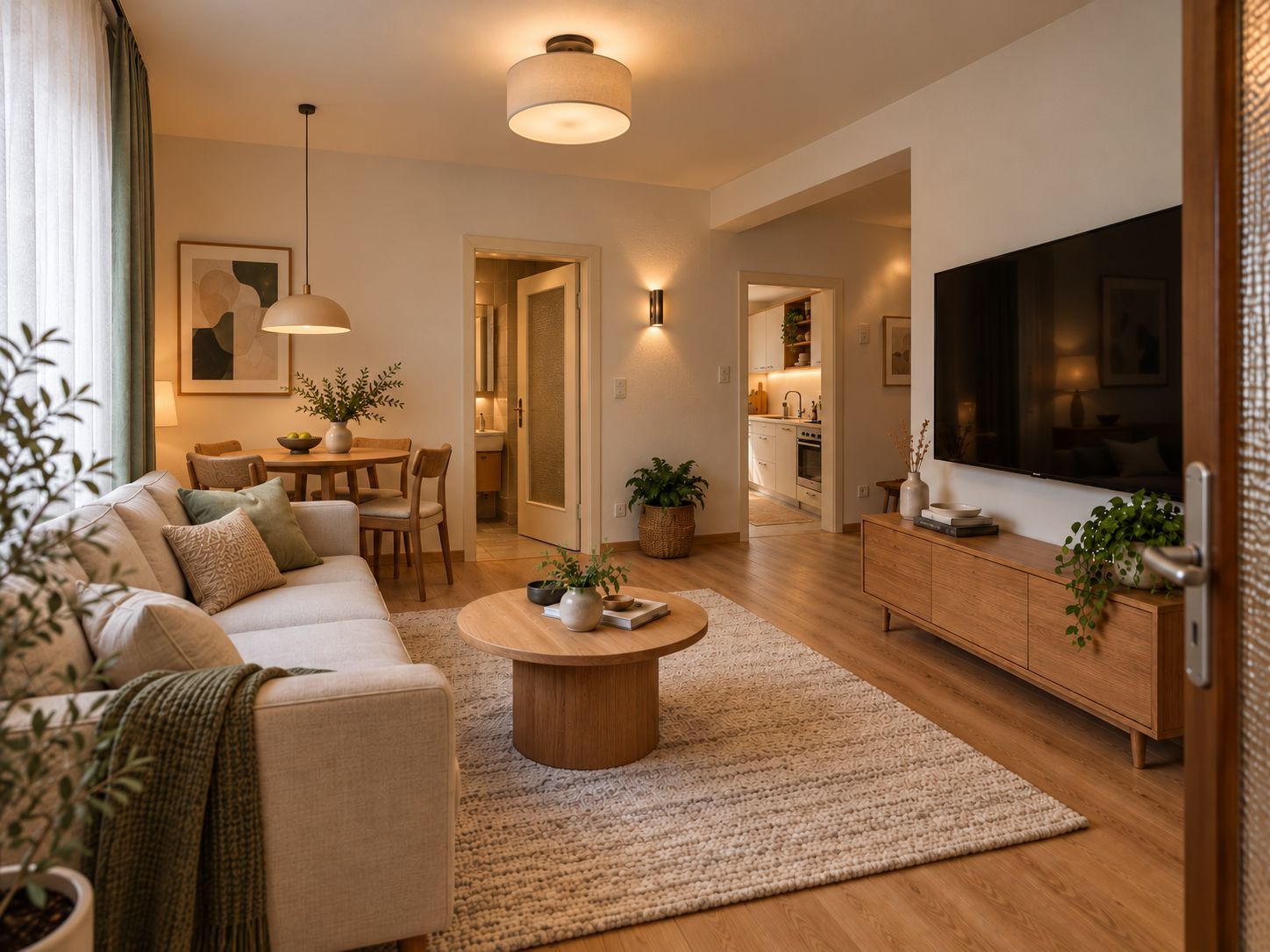 Wohnzimmer nach der Sanierung, visualisiert: heller Holzboden, Sofa, Esstisch und warme Beleuchtung