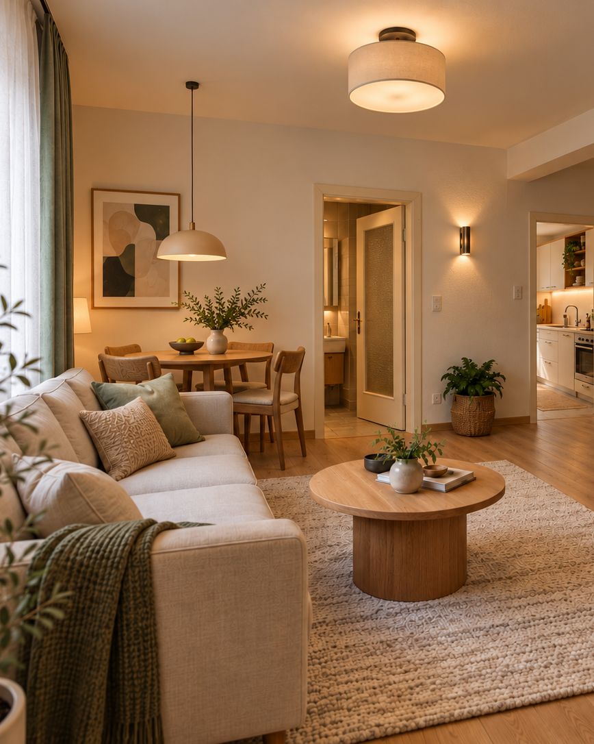 Visualisiertes Wohnzimmer mit Sofa und Esstisch
